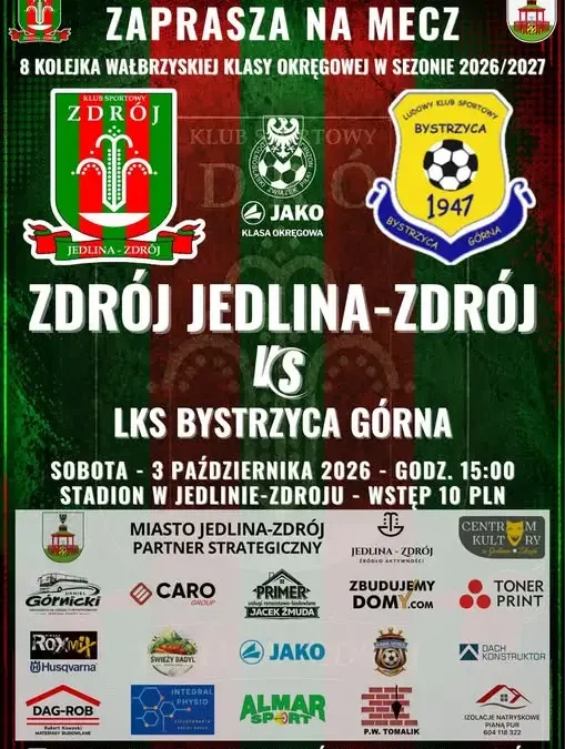 Zdrój Jedlina-Zdrój podejmie LKS Bystrzyca Górna w 8. kolejce Klasy Okręgowej