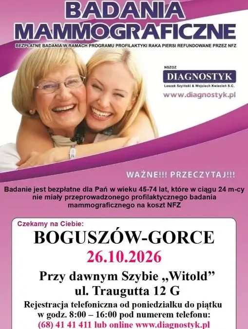 Bezpłatna mammografia w Boguszowie-Gorcach – 26 października