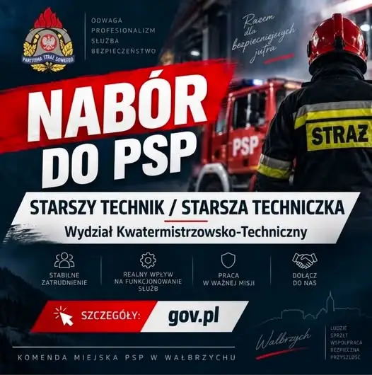 Wałbrzych: PSP ogłasza nabór na stanowisko starszego technika w wydziale kwatermistrzowsko-technicznym
