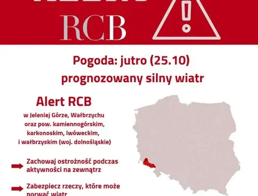 Alert RCB: silny wiatr na Dolnym Śląsku – Jelenia Góra, Wałbrzych i powiaty zagrożone