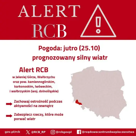Alert RCB: silny wiatr na Dolnym Śląsku – Jelenia Góra, Wałbrzych i powiaty zagrożone